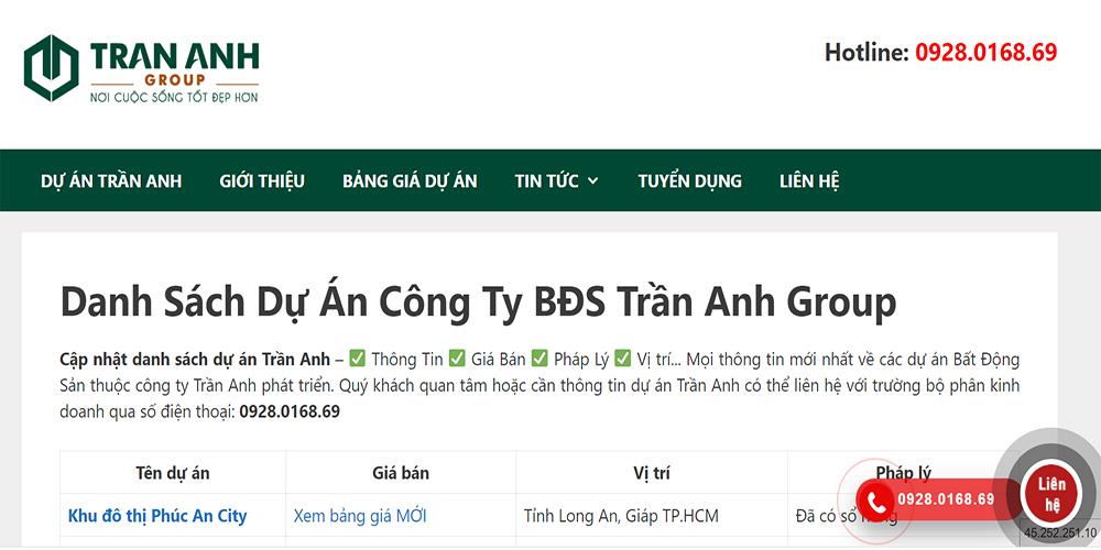 Website của công ty Trần Anh